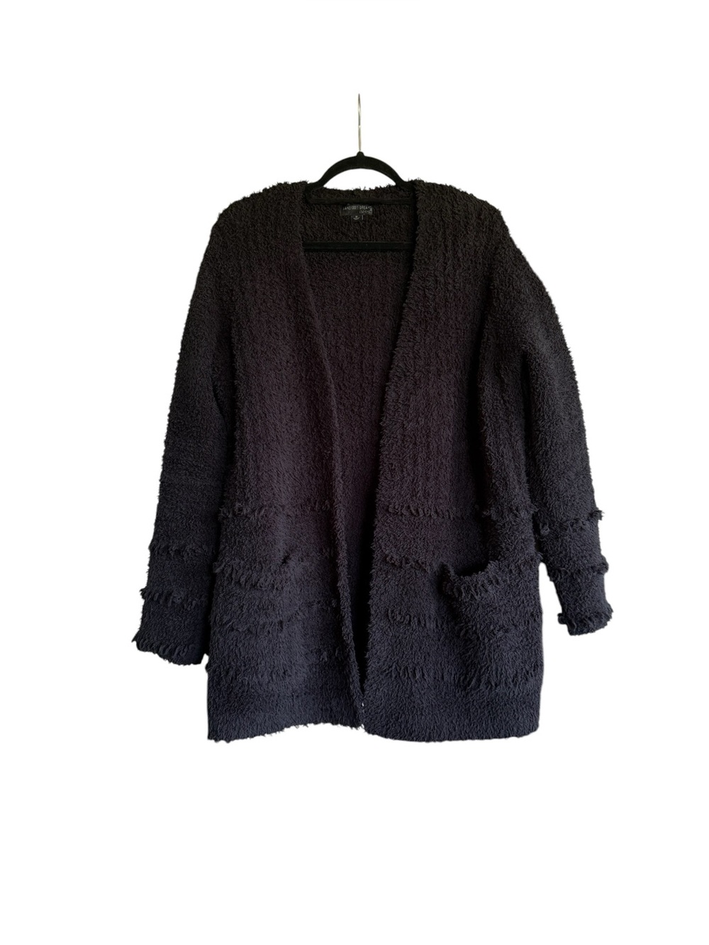 Barefoot Dreams CozyChic Boardwalk Cardigan Black M Open Front Fringe Sweater